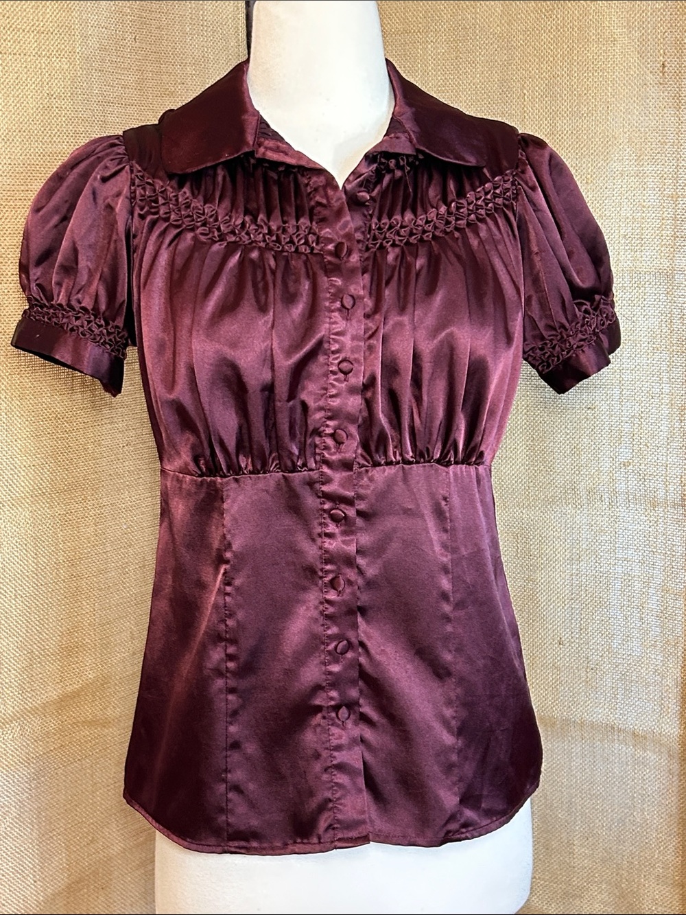 John Paul Richard Silky Burgundy Short-Sleeve Button-Up Gothic Blouse size S